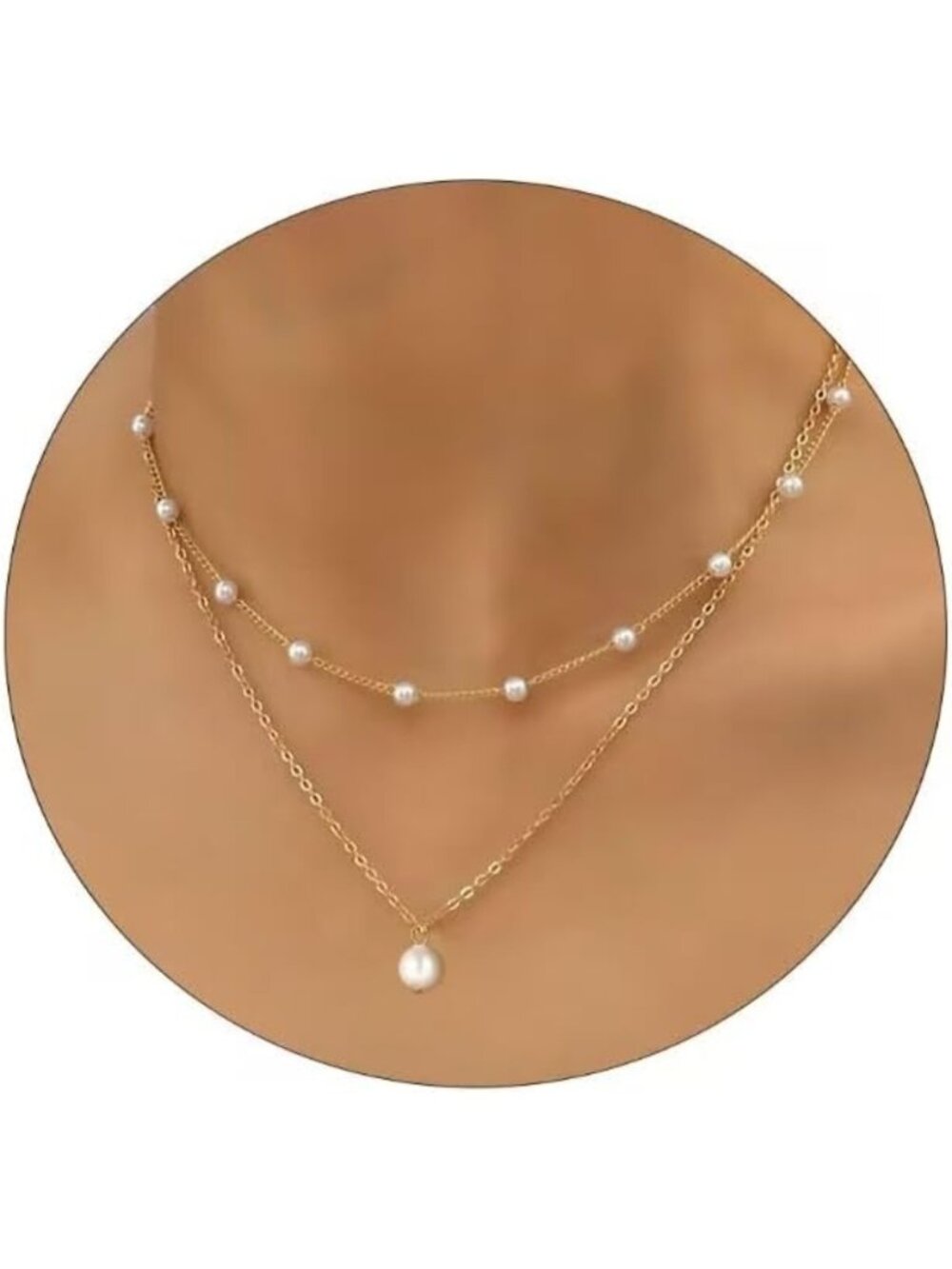 Trendy Gold Pearl Necklace - 14K Gold Plated Layered Herringbone Chain Jewelry